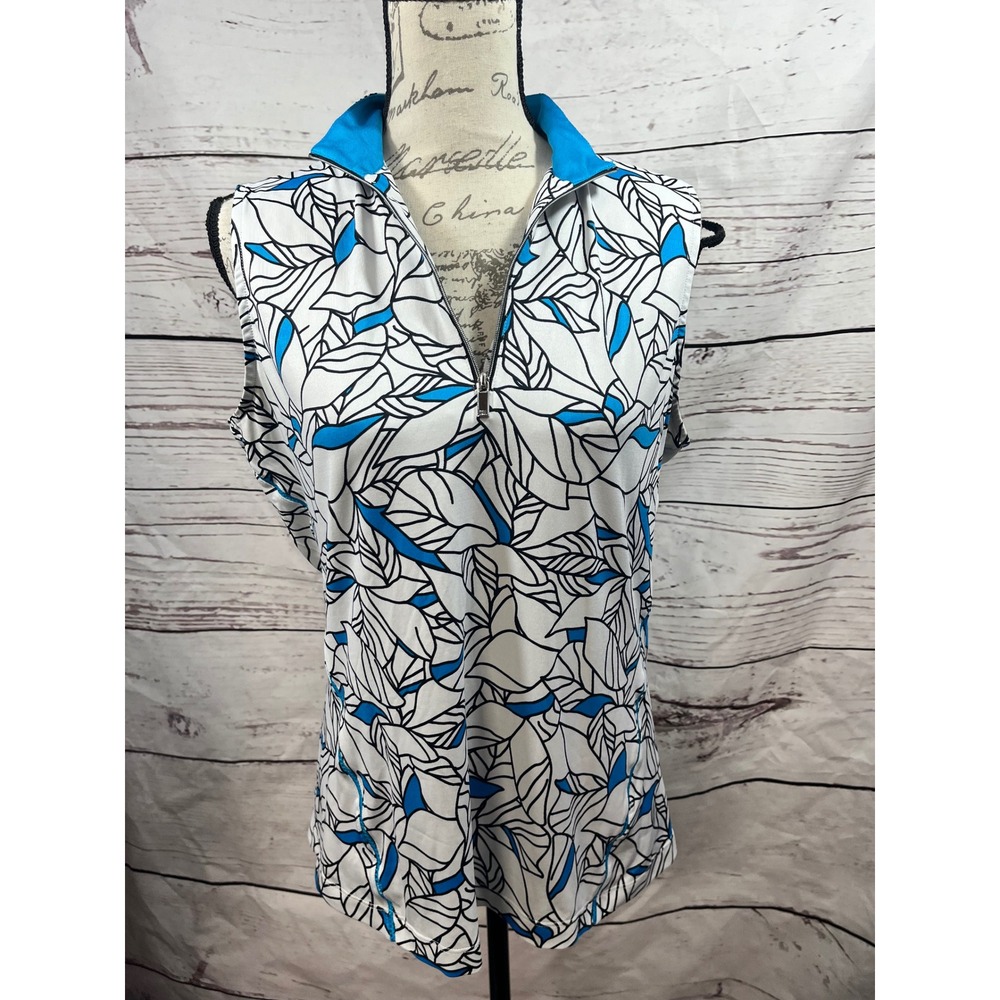 White Label Sleeveless Golf Polo Shirt‎ Women Blue Leaf Print Quarter Zip